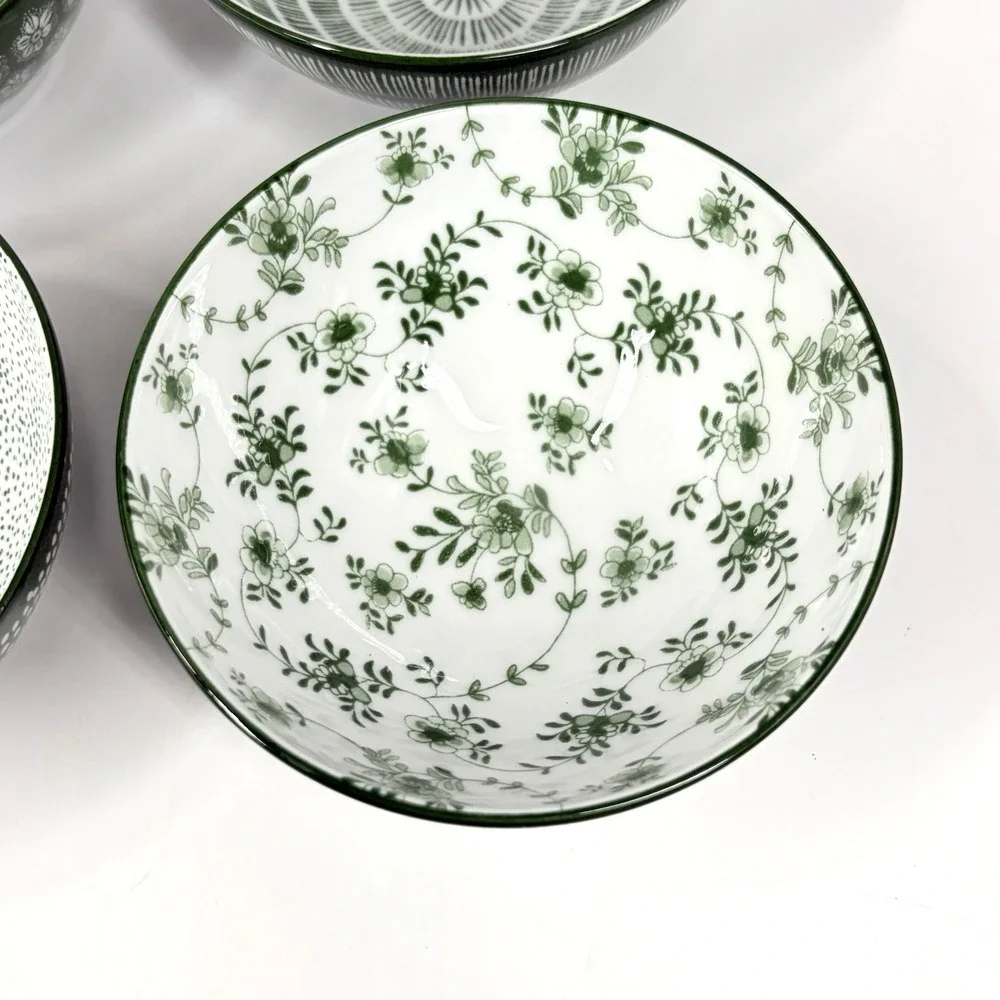 IKEA Entusiasm Mixed Pattern Green Bowls Set of 4 Floral Dot Stripe Soup Cereal